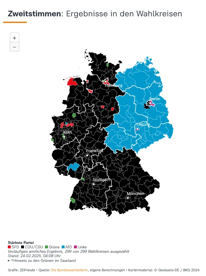 Bundeskarte mit Zweitstimmenergebnis der Wahlen 2025